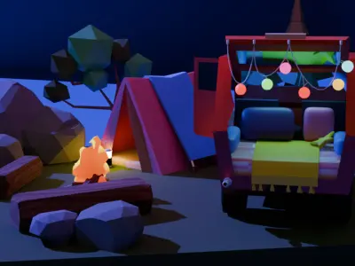 isometric  campsite lowpoly model Low-poly 3D model