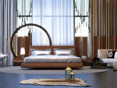 bedroom modern with wooden floors and bed 3D model