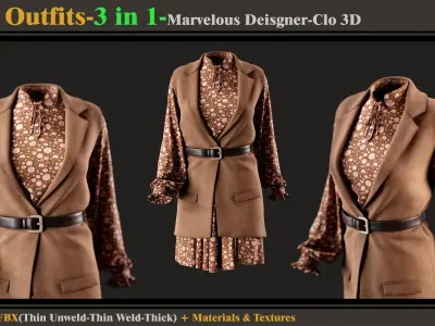 3 in 1 Girls Outfits-MD-Clo3d-OBJ-FBX-ZPRJ-Materials-Textures 3D model