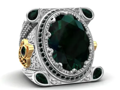 Turkish King Crown Ottoman Oval Green Emerald Stone Mans Ring 3D print model
