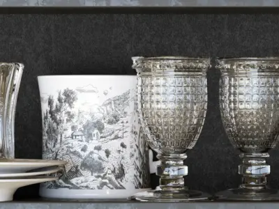 Set-143 tea cups and saucers on shelf 3D model