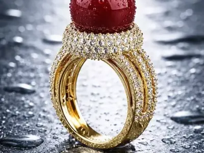 luxury Silver Cabochon Ring with Pave Diamonds 3D print model