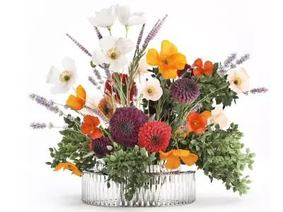Realistic bouquet flowers poppy lavender branches vase 630 3D model