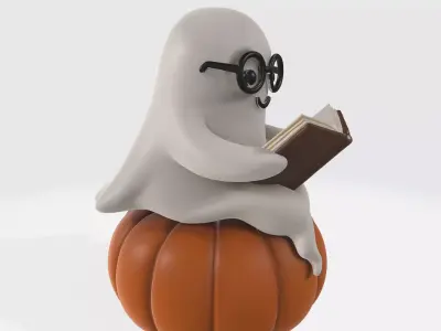 Adorable Ghost Reading on Pumpkin Cute Halloween Decoration 3D print model
