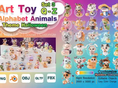 Art Toy Animal Set  3 Q-Z Halloween Character 3D model Low-poly 3D print model