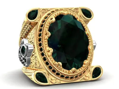 Turkish King Crown Ottoman Oval Green Emerald Stone Mans Ring 3D print model