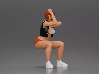 Girl in Mini Leather Jacket Shorts Sitting Leaning with Hands 3D print model