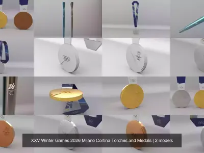 XXV Winter Games 2026 Milano Cortina Torches and Medals 3D Model Pack