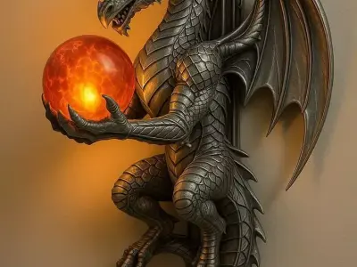 Luxury Dragon Wall Sculpture 3D Model Glowing Orb Metal Texture Low-poly 3D model