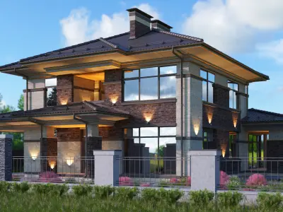 Model of a Wright-style house with a carport for one car 3D model