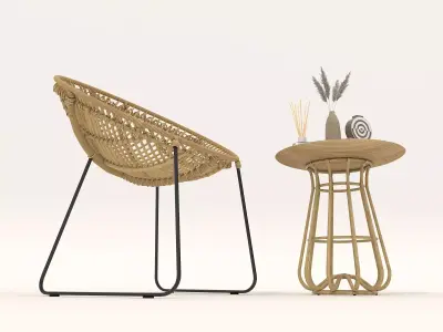 Rattan Coffee Table and Chair Set 3D model