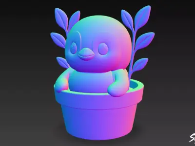 Penguin in Flower Pot Low-poly 3D model