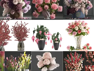 Collection of pink flower bouquets in vases 40 pieces 3D model
