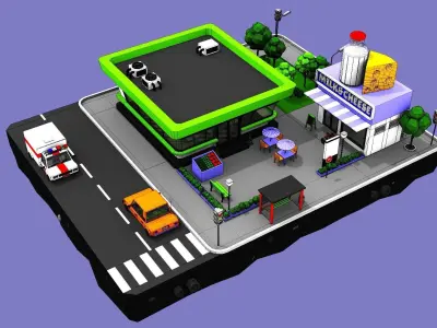 Dairy Store Block from Cartoon Low Poly City Low-poly 3D model