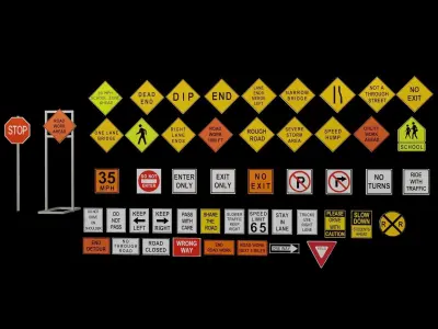 Road Signs Collection with Textures - US Signs Set - 50 Items Low-poly 3D model