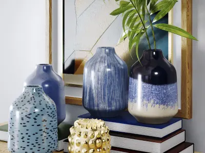 decorative set vases on shelf with painting 3D model