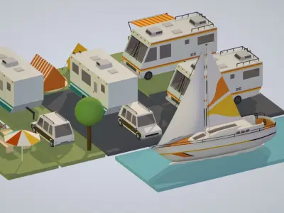 isometric transport holiday BBQ camping Low-poly 3D model