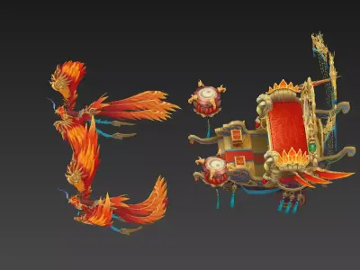 Phoenix pulls a cart and mounts Low-poly 3D model
