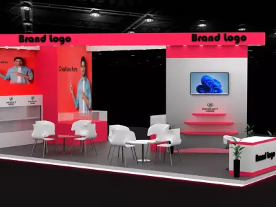 3 side Open Exhibition Booth with Pink-White Accents 3D model