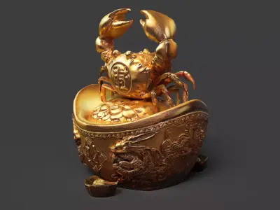 Chinese gold ingot with crab Low-poly 3D model