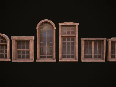 Six wooden windows set Low-poly 3D model