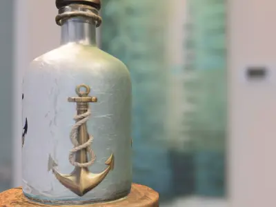 Nautical Glass Bottle with Rope Base and Anchor Low-poly 3D model