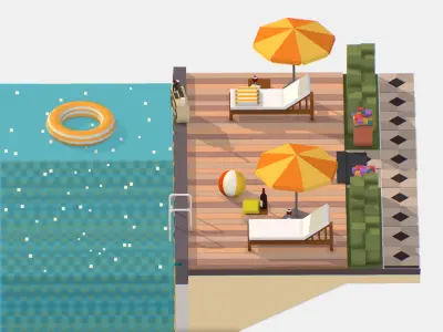 Relax pool on the sun loungers Low-poly 3D model
