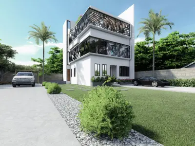 Exterior modern house with car parked Low-poly 3D model