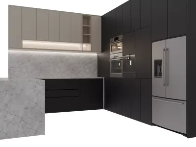 Luxury Minimalist Shaped Kitchen High-End 3D Interior Model 3D model