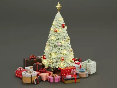 White Christmas Tree with Gifts - Decorated and Snowed  Low-poly 3D model