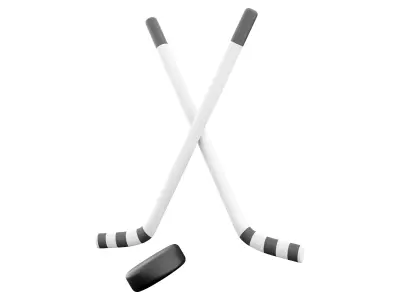3D  illustration of crossed hockey sticks and puck 3D model