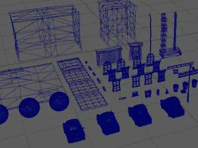 Stylish police car and small car architecture Low-poly 3D model