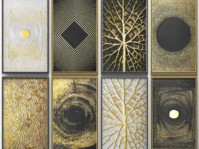 Collection of paintings with gold for walls 8 3D model