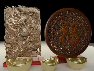 Chinese gold ingot with fu and dragon pattern 3D model