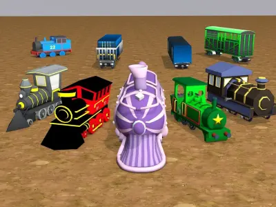 Toon -Trains pack and 4 carriers Low-poly 3D model