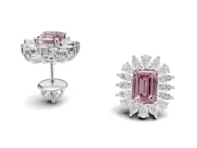 Emerald Gemstone With Surround Diamond Design Stud For Women 3D print model