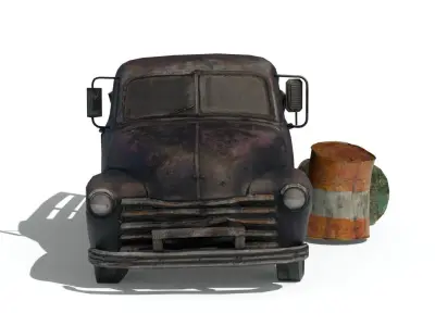 Ruined truck with Barrel destroyed vihicle Low-poly 3D model