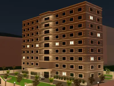 Hotel residential building at night Free 3D model