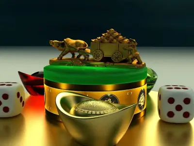 Chinese gold  ingot and dice with gold cart  3D model