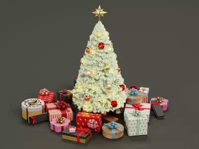 White Christmas Tree with Gifts - Decorated and Snowed  Low-poly 3D model