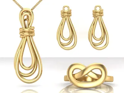 Knot set gold jewelry with infinity necklace and ring 3D print model