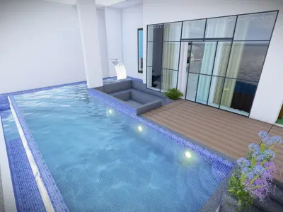 Infinite Swimming Pool 3D Model Waterfall Seating Area 3D model