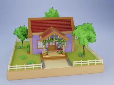 Low Poly House with Garden and Porch Low-poly 3D model