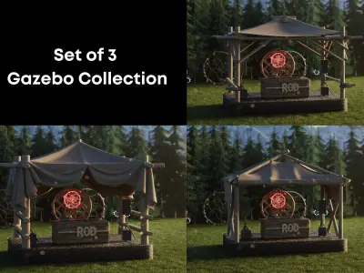 Wooden Gazebo with Detailed Fabric Set of 3 3D model