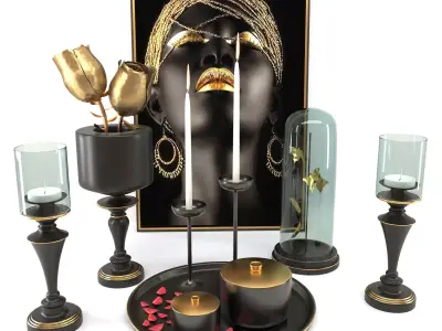 decorative set 6 gold candle holders with portrait of woman 3D model