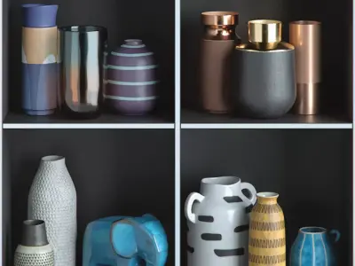 Decor Set different vases on shelf 3D model