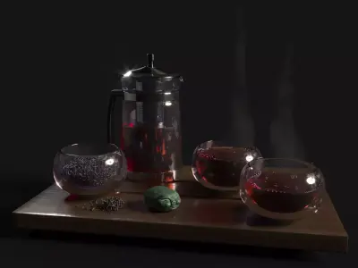 Tea Set pot and glasses on wooden tray 3D model