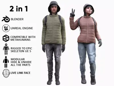 Mens and Womens Winter Outfits - Modular - Rigged 3D Model Collection