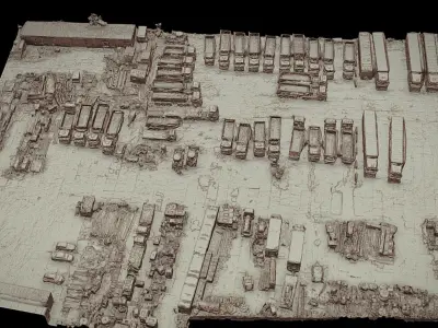 trucks vehicles warehouse storage terrain drone photogrammetry Low-poly 3D model