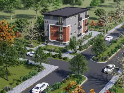 Appartment building exterior design modeling and rendering 3D model